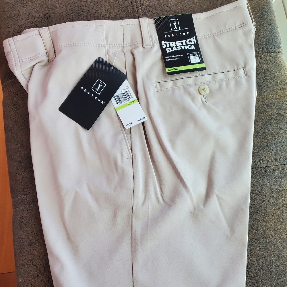 Mens Golf Pant PGA Tour Stretch, size 30x32, tan, moisture wicking.